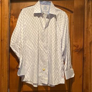 Blue and light blue checkered dress shirt.